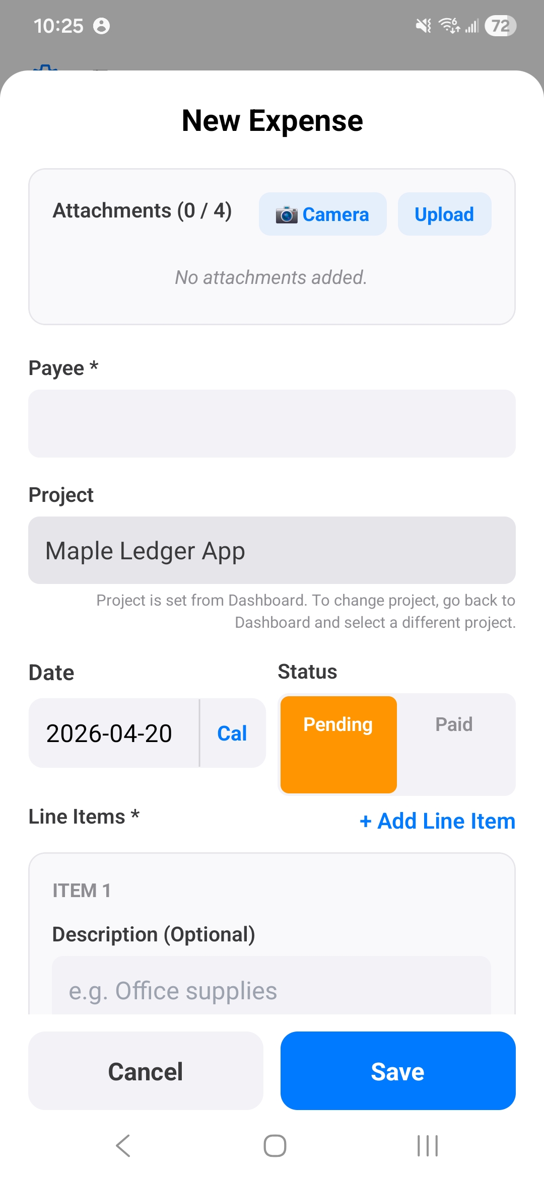 Detailed expense entry in MapleLedger