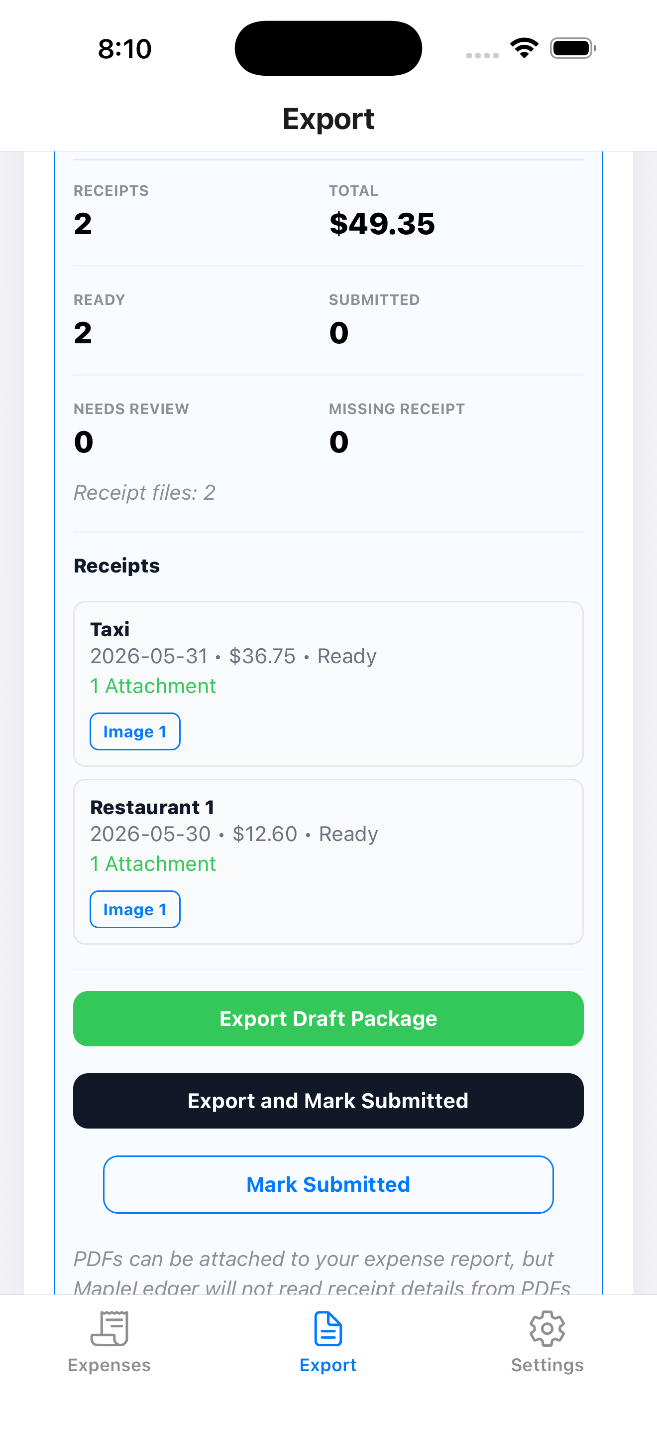 Expense Submission export package options in MapleLedger
