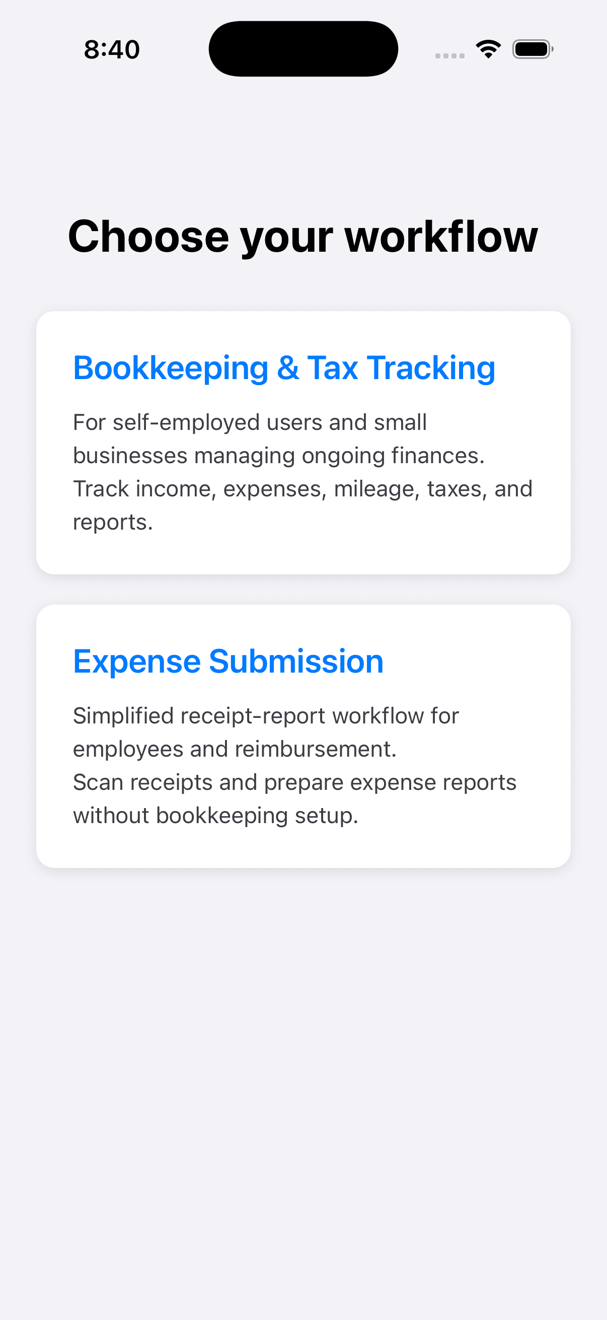 Workflow selection screen showing Expense Submission in MapleLedger